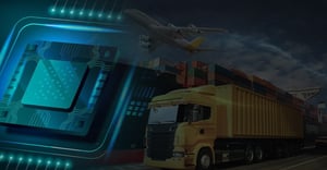A design featuring Telna's global connectivity for transport industries in air, sea and roads (an airplane, a ship and a truck) powered by eSIMs (with a eSIM abstract design applied to them) 